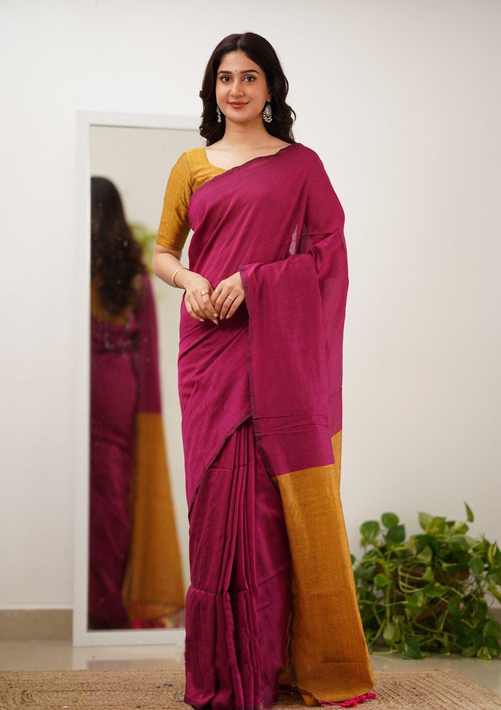 Energetic Dark Pink Cotton Silk Saree With Girlish Blouse Piece