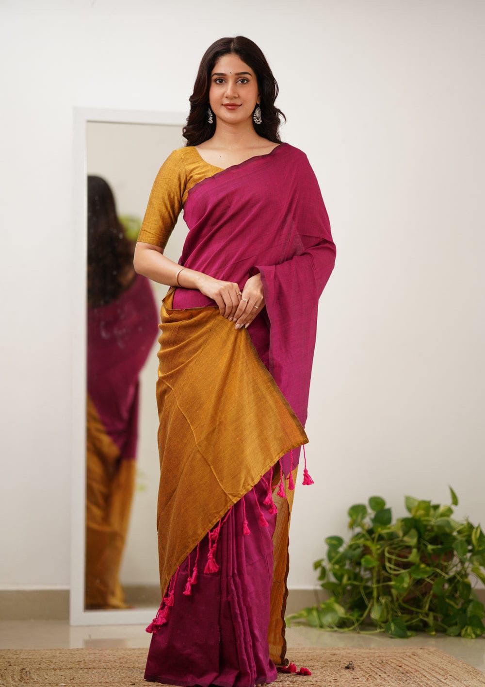 Energetic Dark Pink Cotton Silk Saree With Girlish Blouse Piece