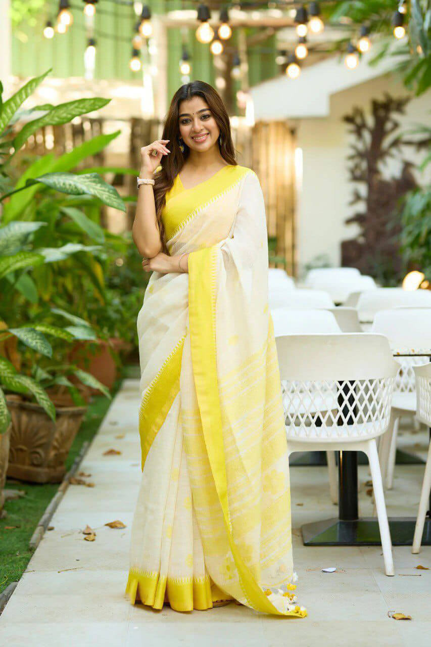 Mesmerising Off White Cotton Silk Saree With Pleasant Blouse Piece