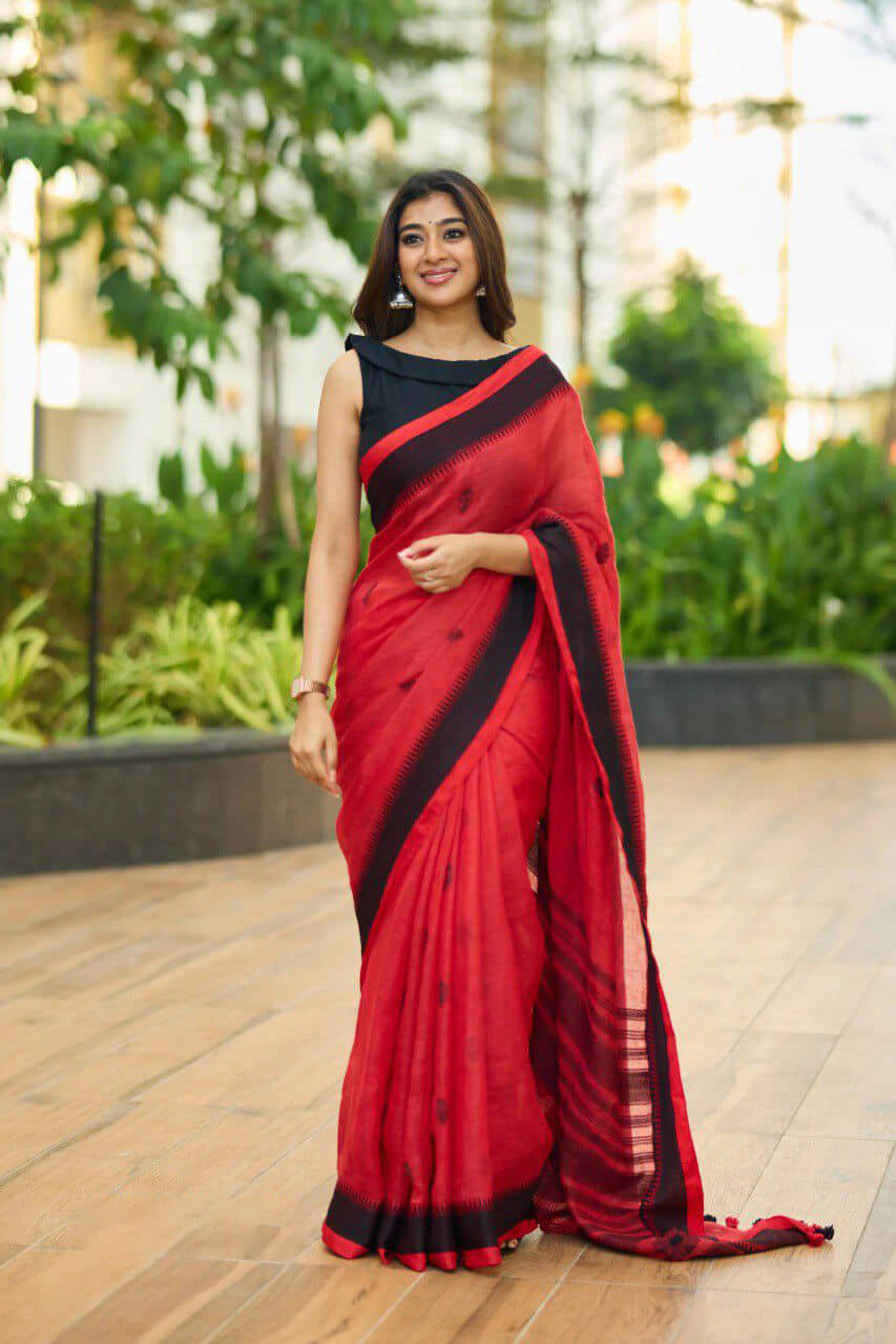 Scrupulous Red Cotton Silk Saree With Glittering Blouse Piece