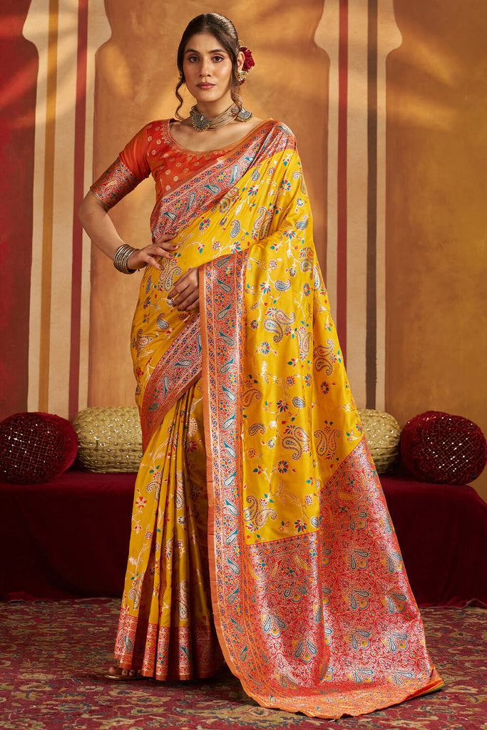Exuberant Yellow Pure Zari Weaving Banarasi Silk Saree With Enigmatic ...