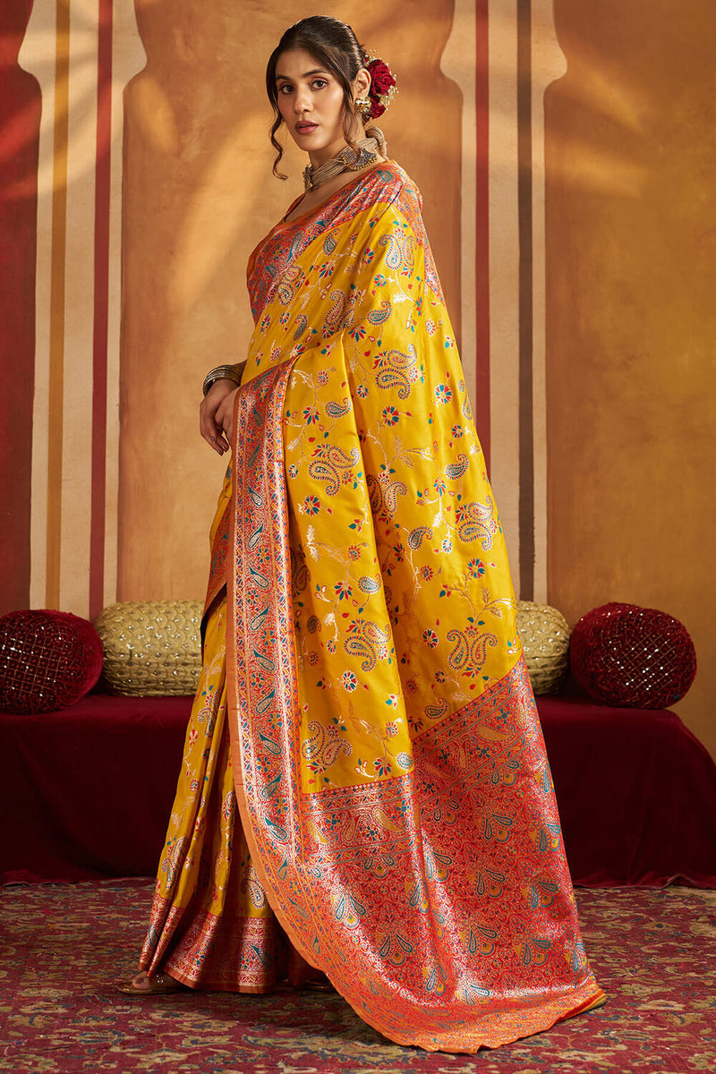 Exuberant Yellow Pure Zari Weaving Banarasi Silk Saree With Enigmatic ...