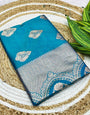 Alluring Firozi Pure Zari Weaving Banarasi Silk Saree With Posh Blouse Piece
