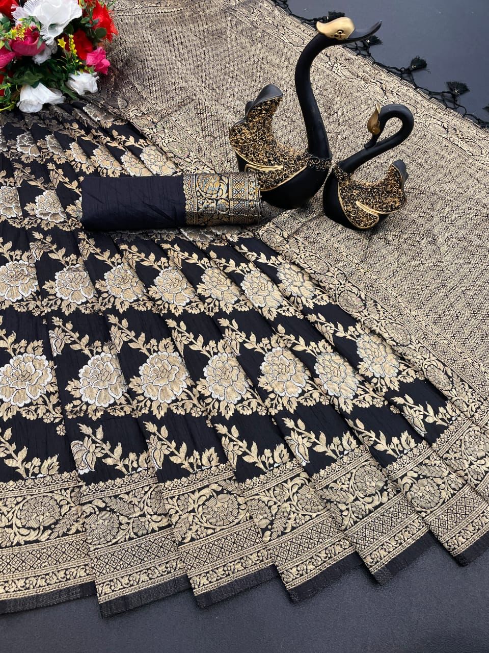 Ephemeral Black Soft Banarasi Silk Saree With Lovely Blouse Piece