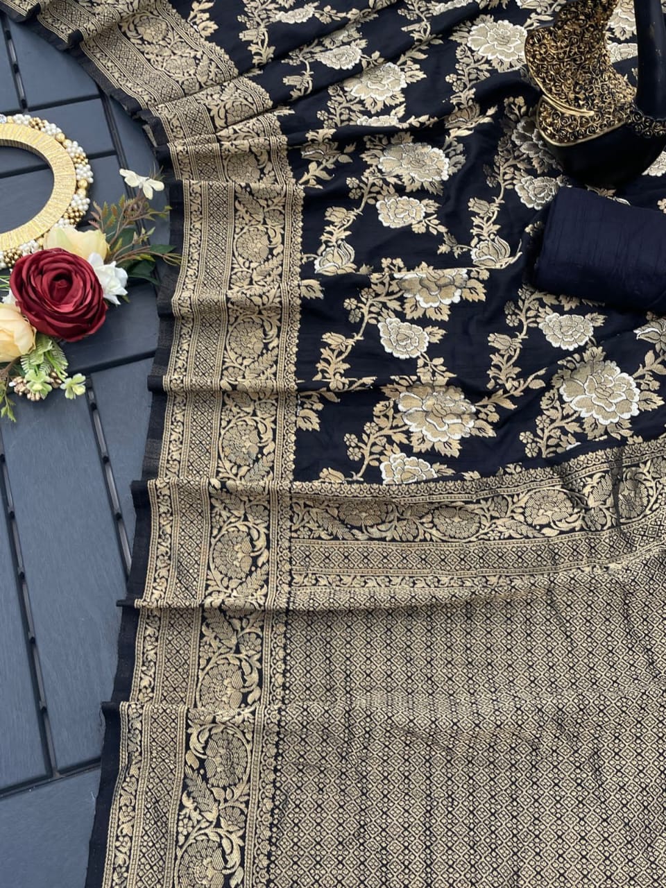 Ephemeral Black Soft Banarasi Silk Saree With Lovely Blouse Piece