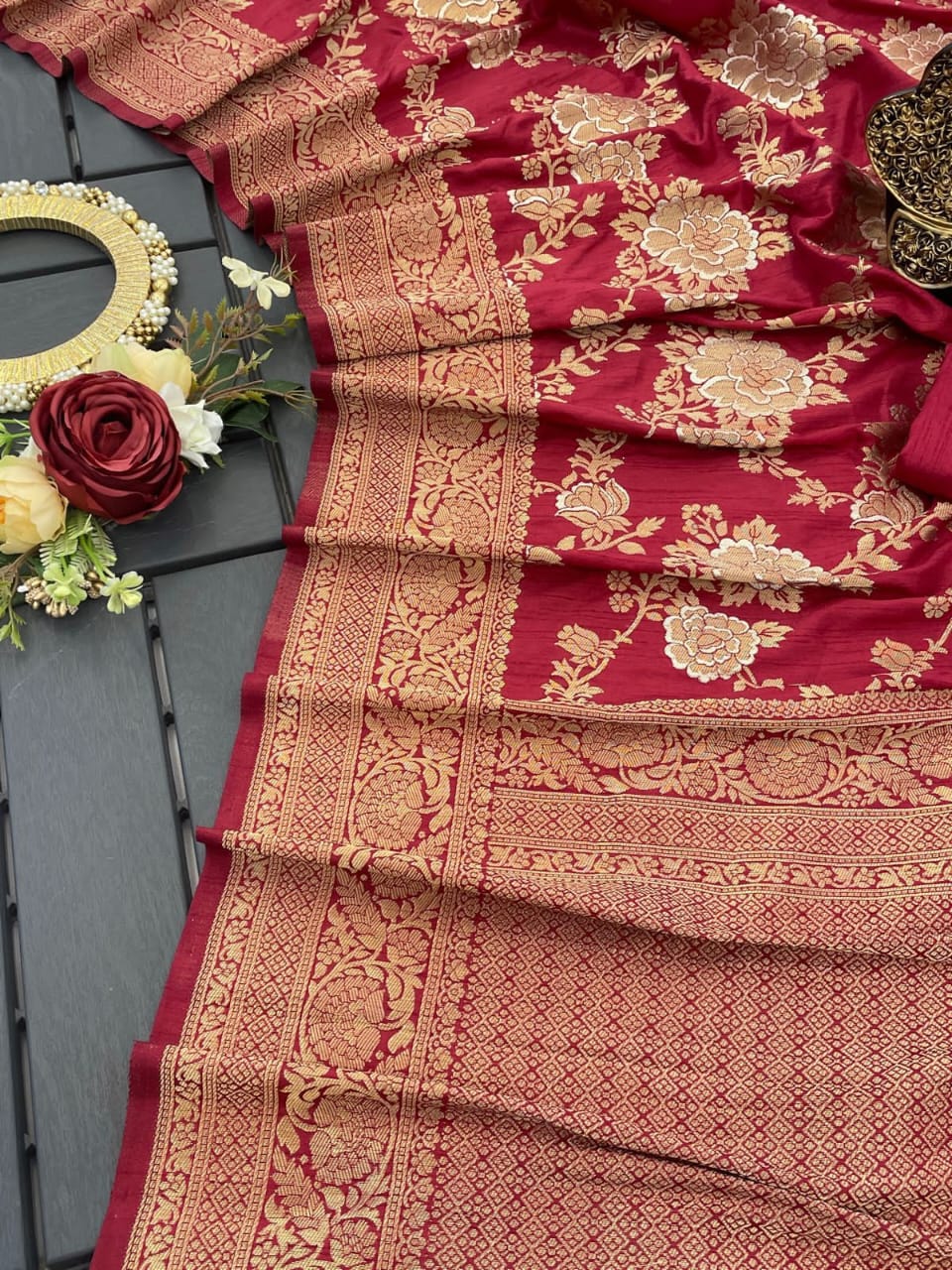 Embrocation Maroon Soft Banarasi Silk Saree With Extraordinary Blouse Piece