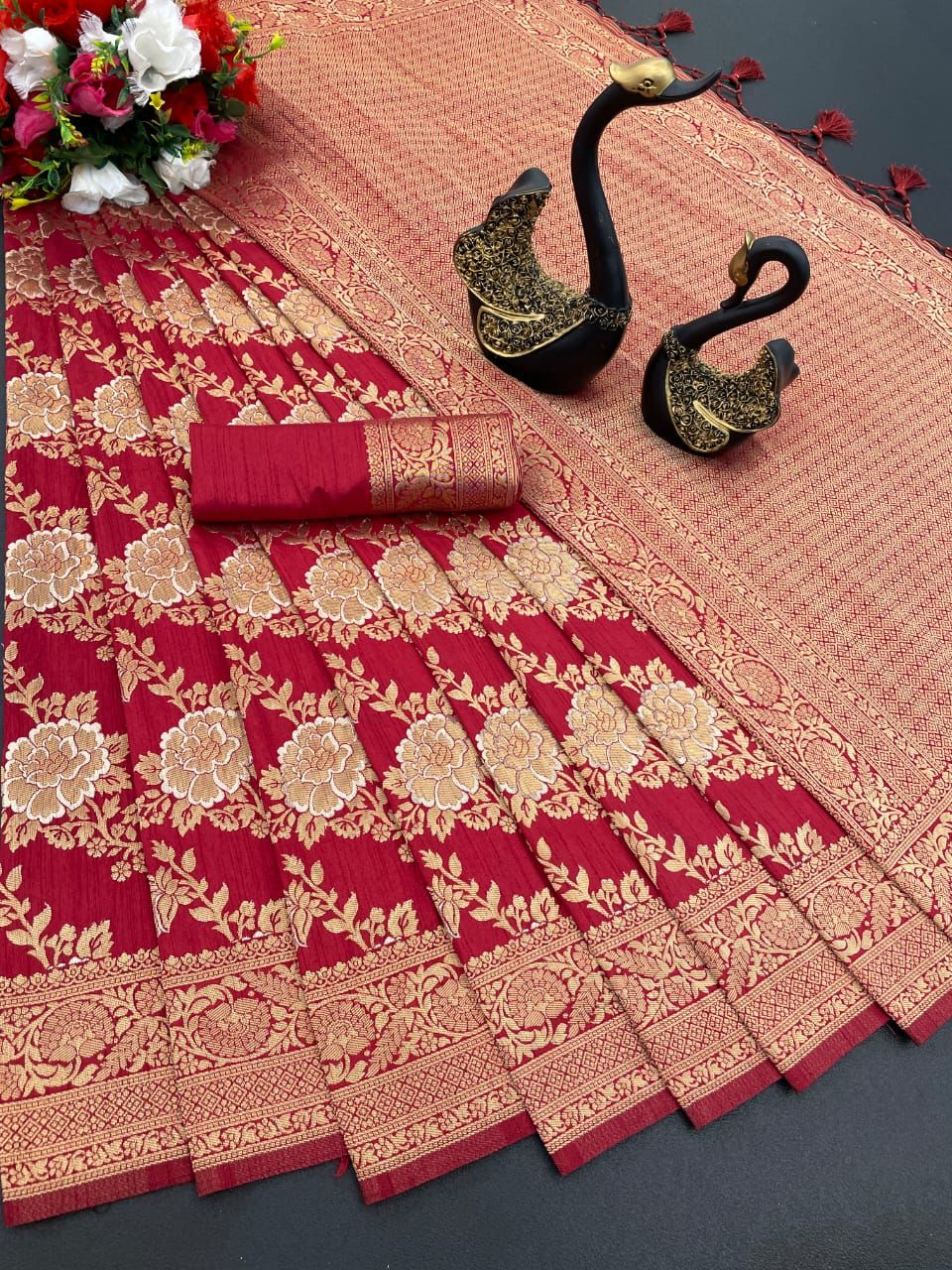 Embrocation Maroon Soft Banarasi Silk Saree With Extraordinary Blouse Piece