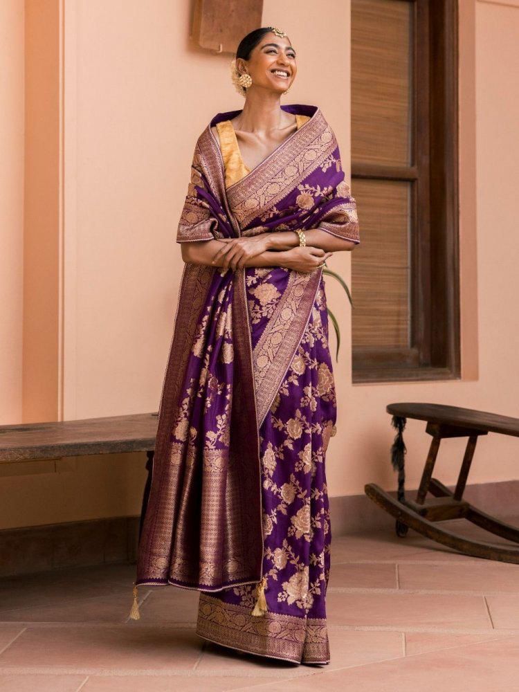 Eloquence Purple Soft Banarasi Silk Saree With Precious Blouse Piece