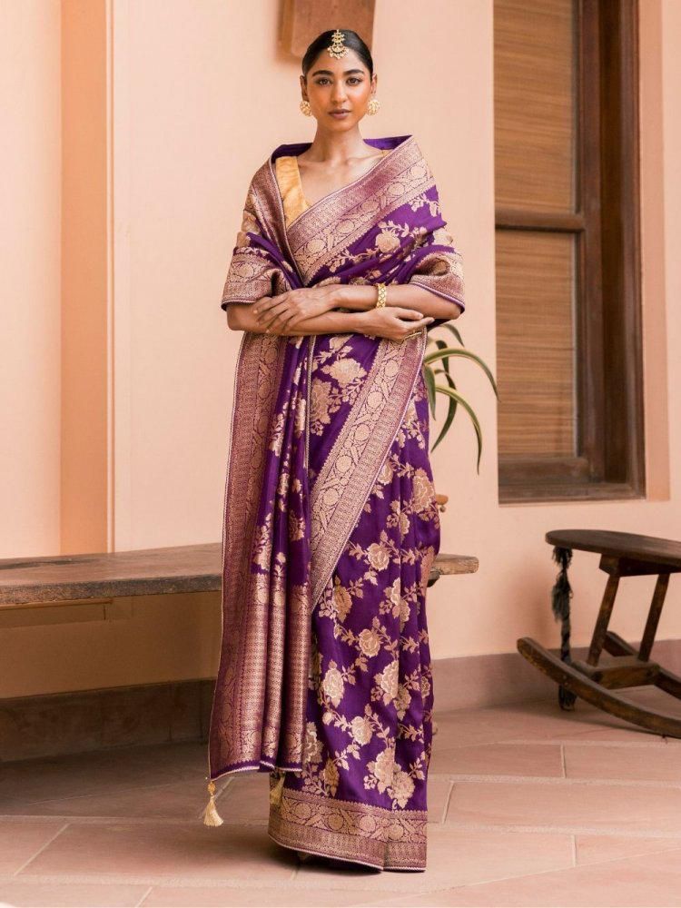 Eloquence Purple Soft Banarasi Silk Saree With Precious Blouse Piece