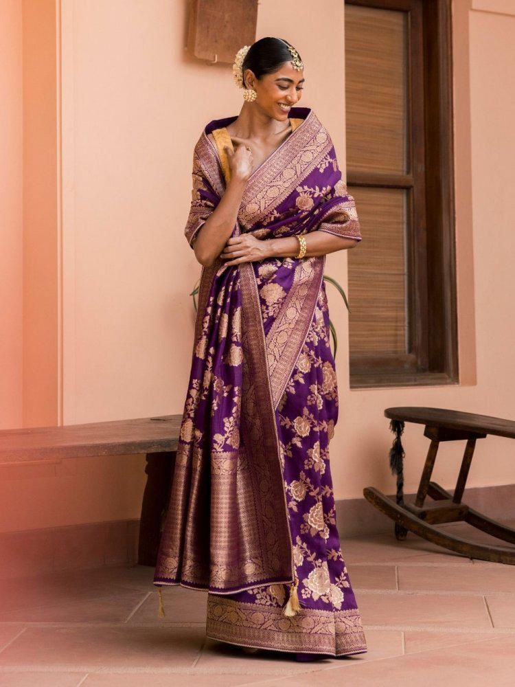 Eloquence Purple Soft Banarasi Silk Saree With Precious Blouse Piece