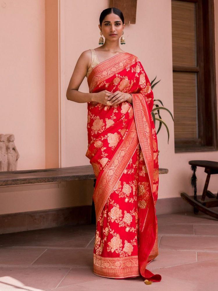 Elision Red Soft Soft Banarasi Silk With Classy Blouse Piece