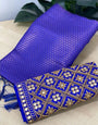 Trendy Royal Blue Kanjivaram Silk Saree With Two Panoply Blouse Piece