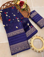 Evocative Navy Blue Digital Printed Dola Silk Saree With Vestigial Blouse Piece