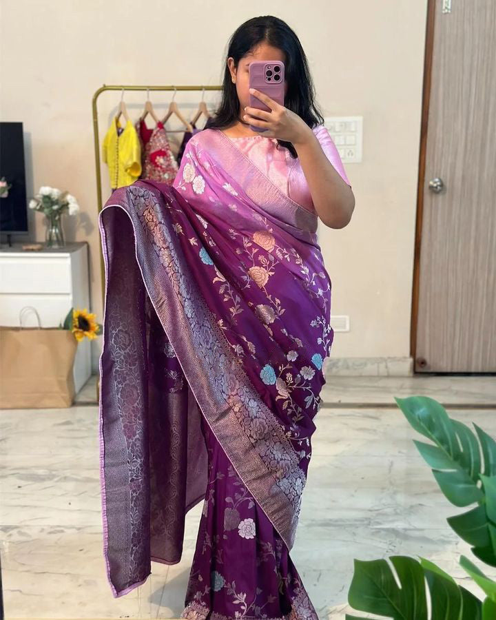 Charming Purple Soft Banarasi Silk Saree With Hypnotic Blouse Piece