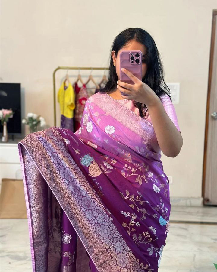 Charming Purple Soft Banarasi Silk Saree With Hypnotic Blouse Piece