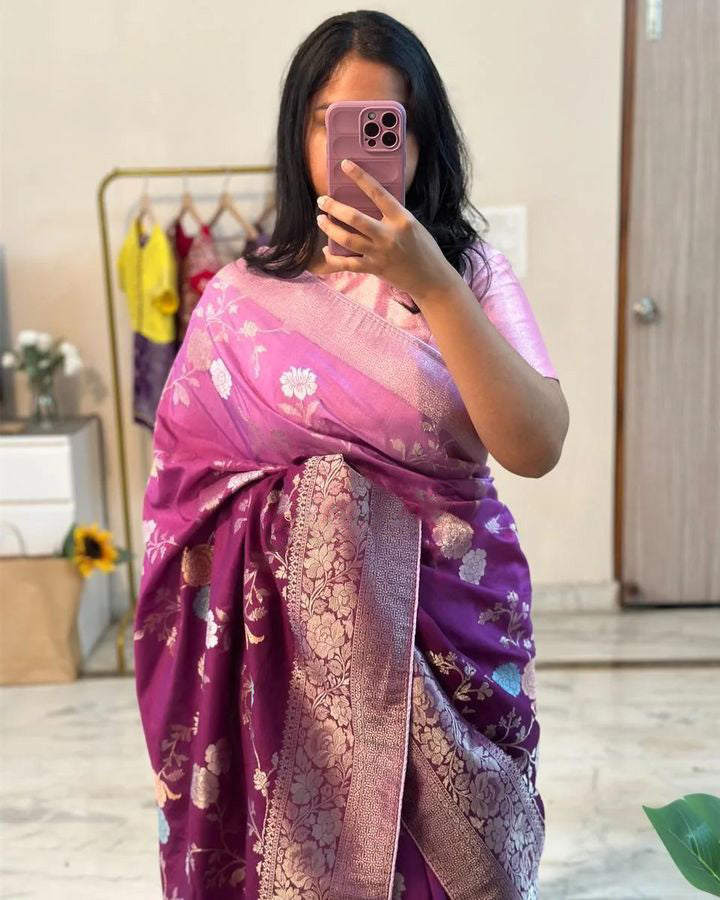 Charming Purple Soft Banarasi Silk Saree With Hypnotic Blouse Piece