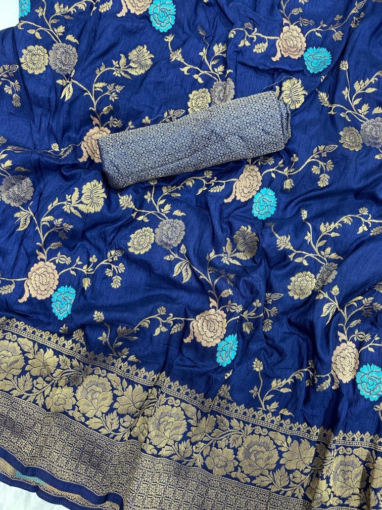 Fairytale Blue Soft Banarasi Silk Saree With Bewitching Blouse Piece