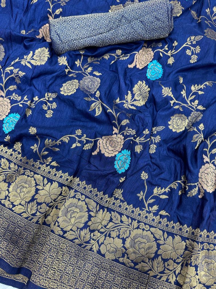 Fairytale Blue Soft Banarasi Silk Saree With Bewitching Blouse Piece