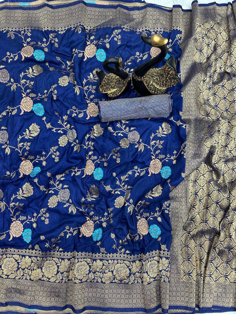 Fairytale Blue Soft Banarasi Silk Saree With Bewitching Blouse Piece