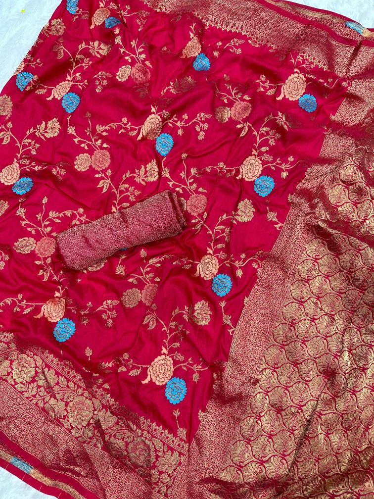 Gossamer Dark Pink Soft Banarasi Silk Saree With Murmurous Blouse Piece