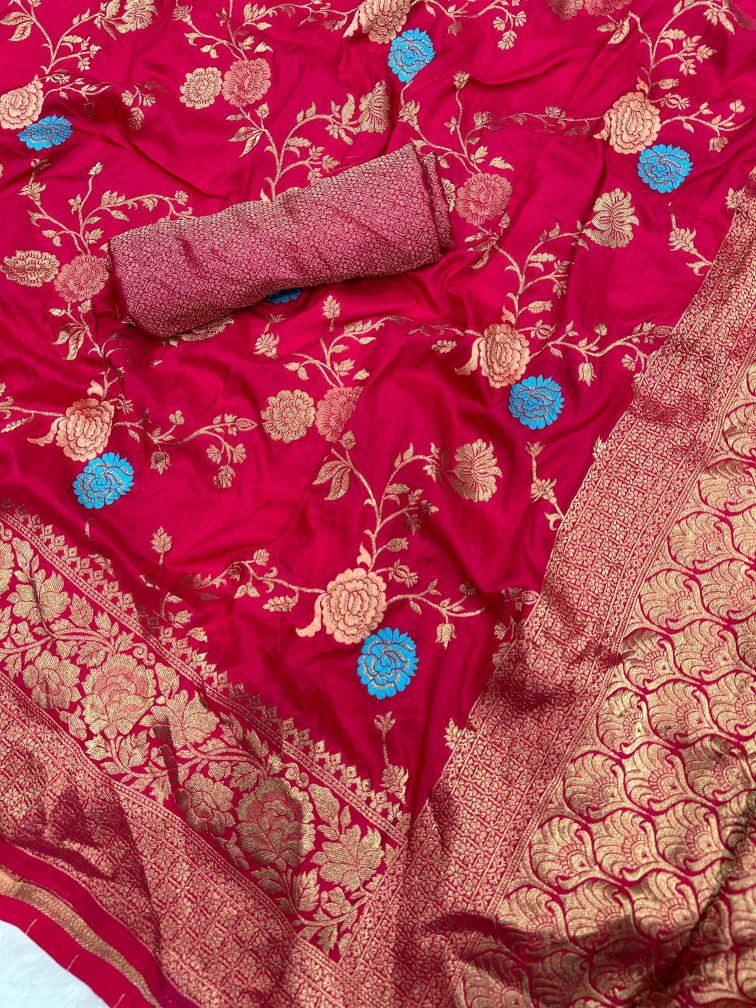 Gossamer Dark Pink Soft Banarasi Silk Saree With Murmurous Blouse Piece