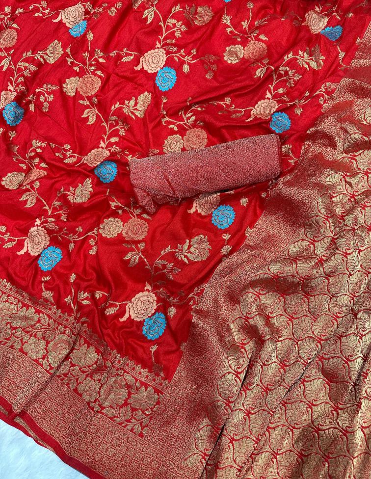 Glittering Red Soft Banarasi Silk Saree With Ornate Blouse Piece