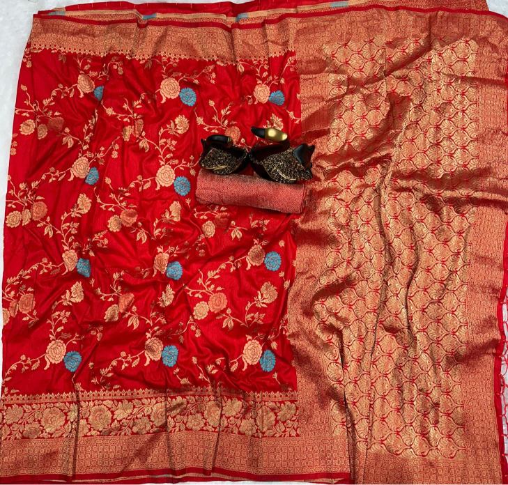 Glittering Red Soft Banarasi Silk Saree With Ornate Blouse Piece