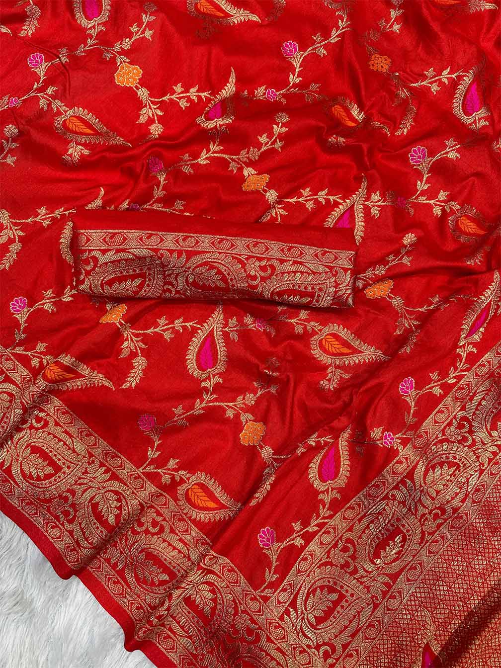 Transcendent Red Soft Banarasi Silk Saree With Smashing Blouse Piece