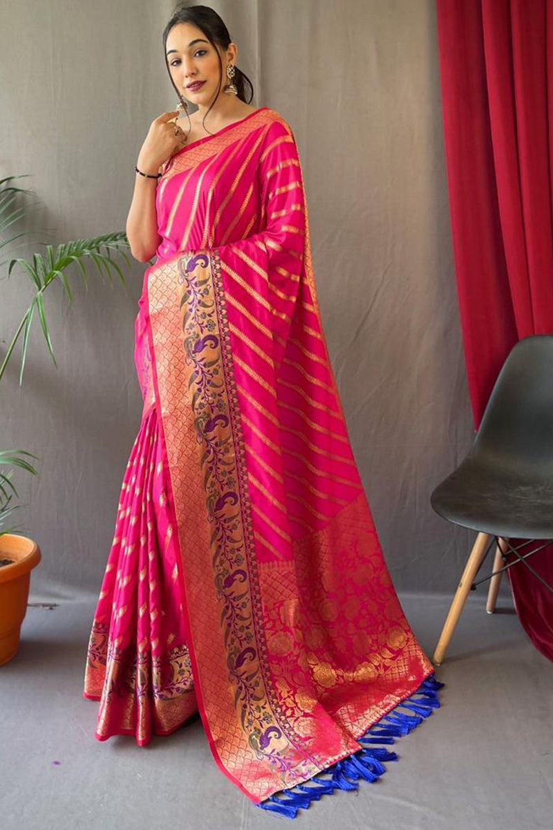 Resonant Dark Pink Paithani Silk Saree With Dalliance Blouse Piece