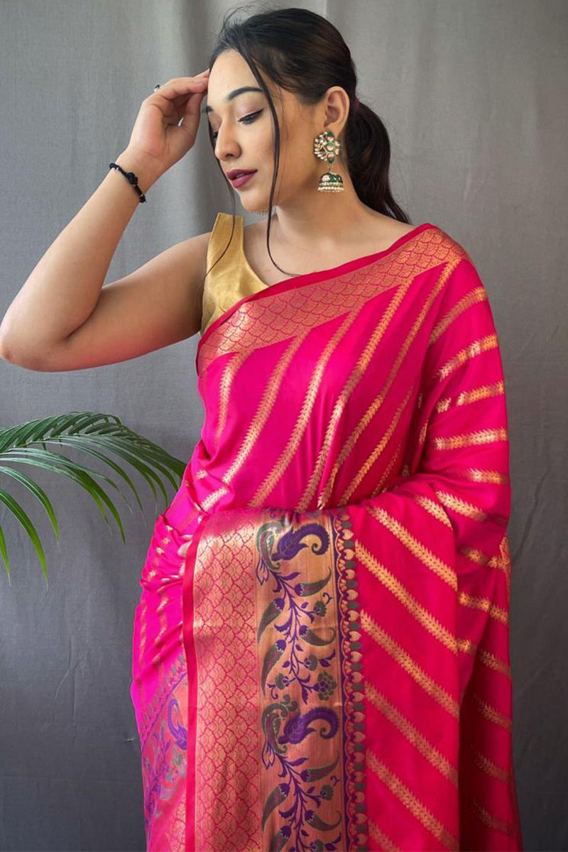 Resonant Dark Pink Paithani Silk Saree With Dalliance Blouse Piece