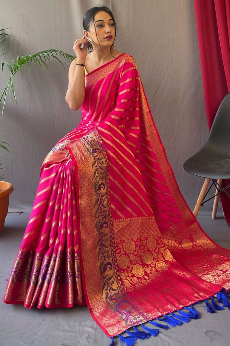 Resonant Dark Pink Paithani Silk Saree With Dalliance Blouse Piece