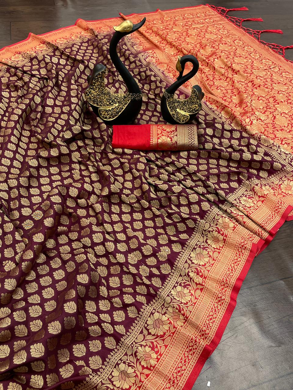 Vibrant Wine Soft Banarasi Silk Saree With Brood Blouse Piece