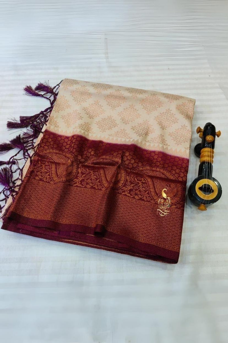 Quixotic Beige Soft Banarasi Silk Saree With Beleaguer Blouse Piece