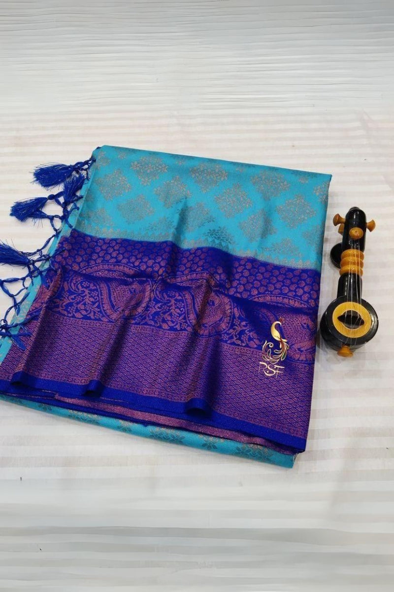 Aplomb Firozi Soft Banarasi Silk Saree With Ailurophile Blouse Piece