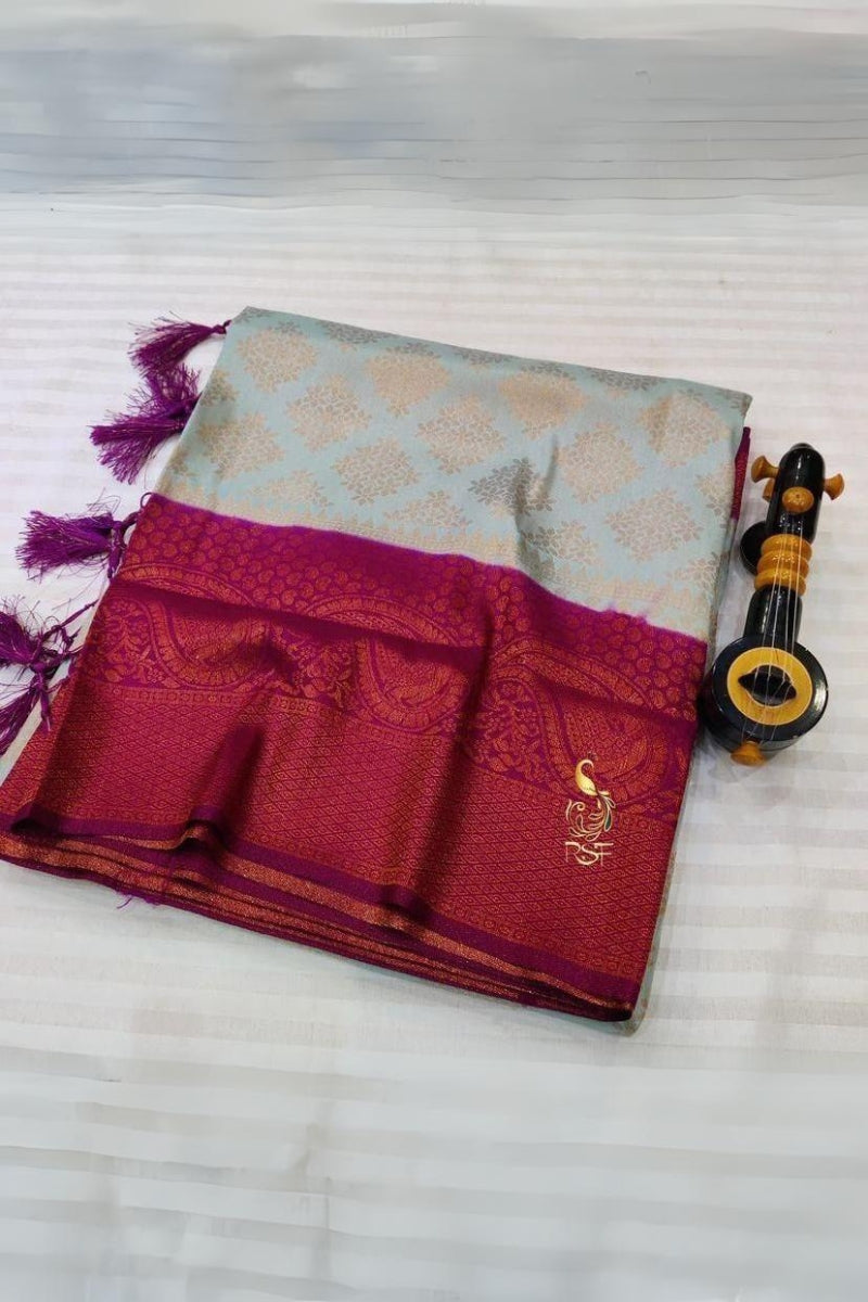 Enamoring Grey Soft Banarasi Silk Saree With Assemblage Blouse Piece