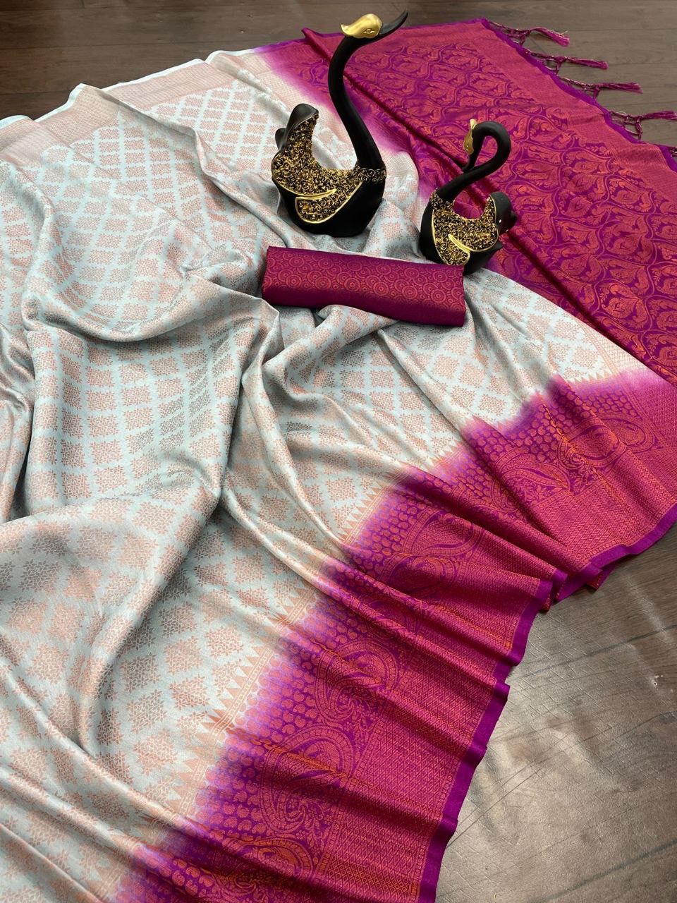 Enamoring Grey Soft Banarasi Silk Saree With Assemblage Blouse Piece