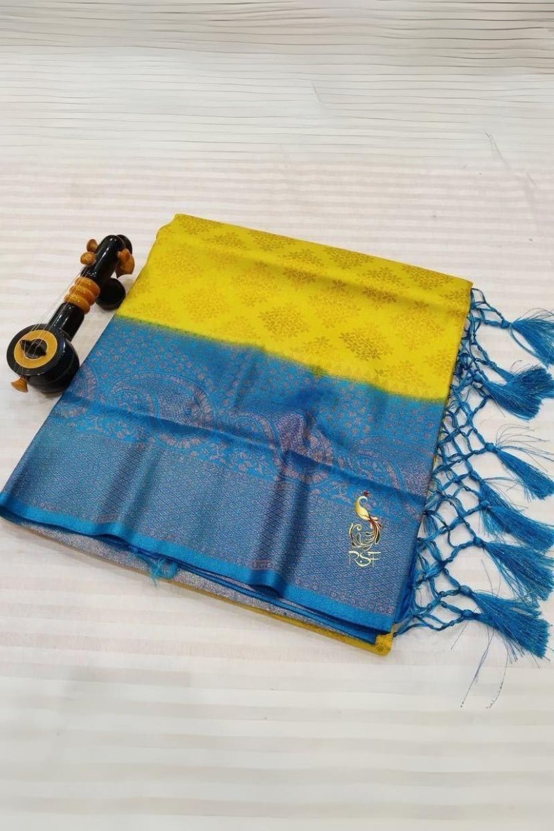 Exemplary Lemon Soft Banarasi Silk Saree With Enticing Blouse Piece