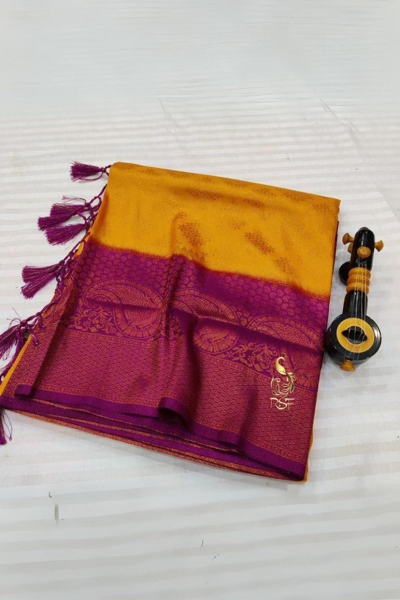 Alluring Mustard Soft Banarasi Silk Saree With Excellent Blouse Piece