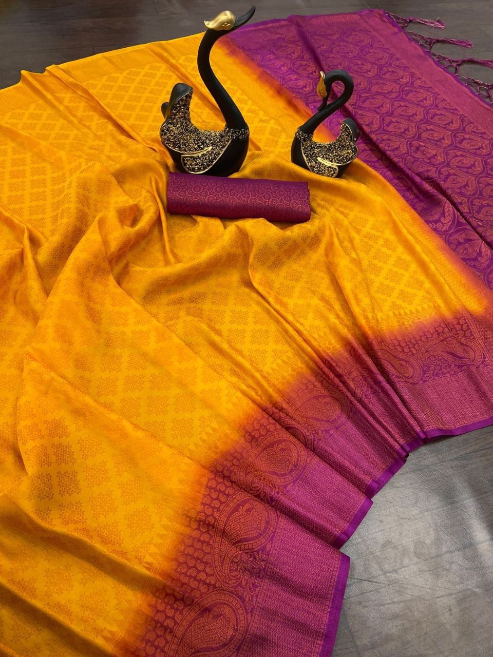 Alluring Mustard Soft Banarasi Silk Saree With Excellent Blouse Piece