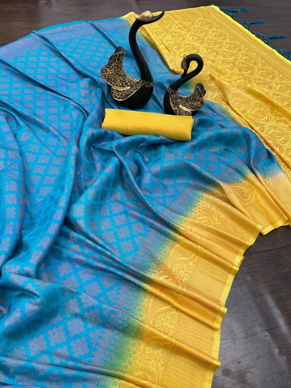 Radiant Sky Soft Banarasi Silk Saree With Divine Blouse Piece