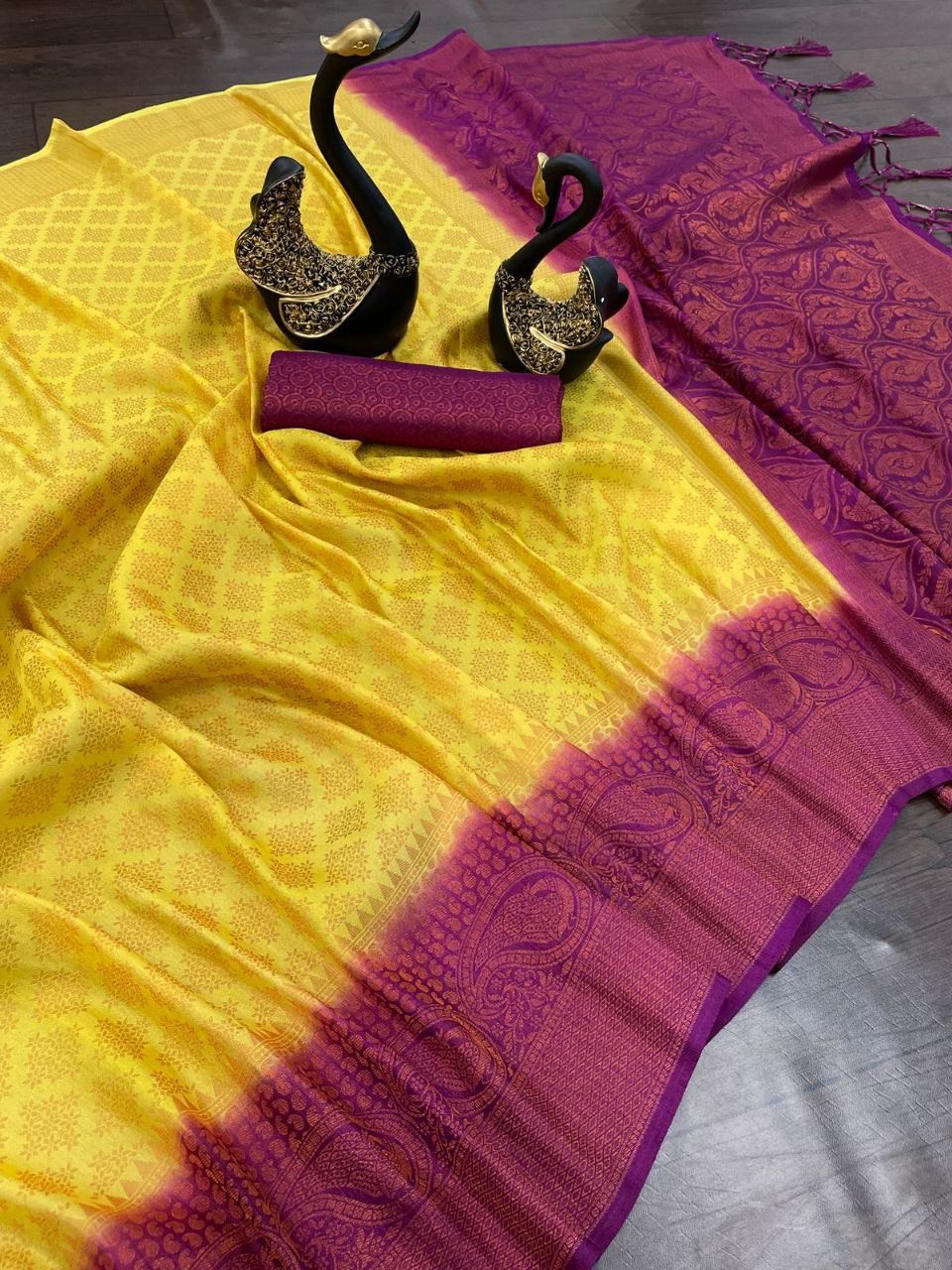 Panache Yellow Soft Banarasi Silk Saree With Comely Blouse Piece