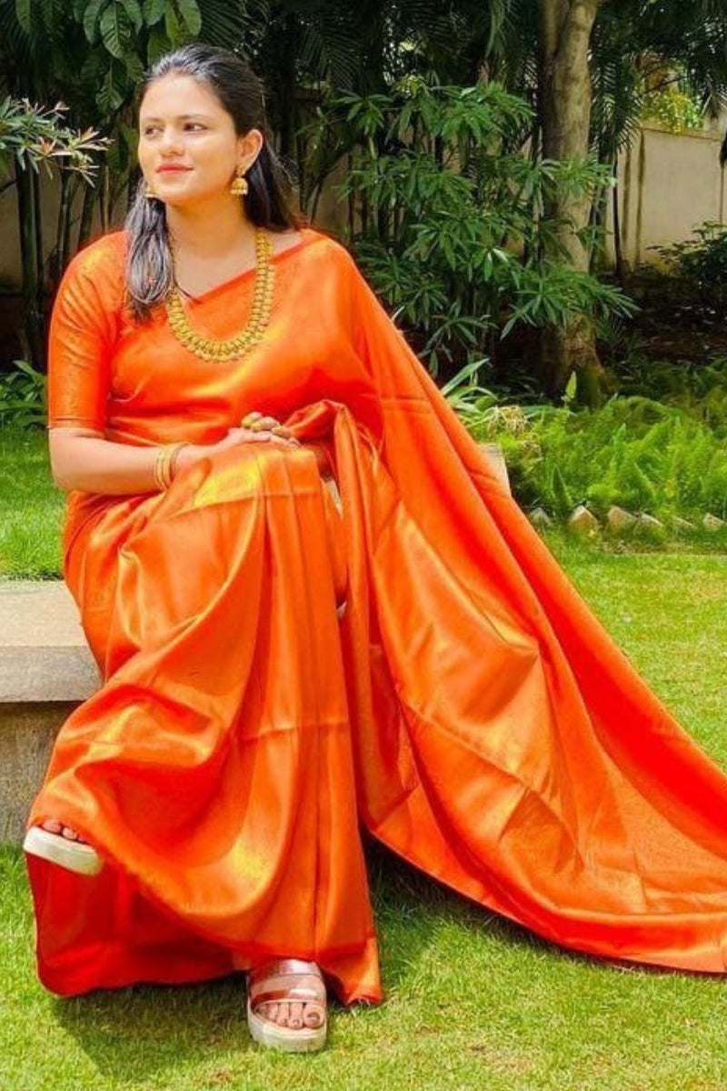 Ravishing Orange Kanjivaram Silk Saree With Unequalled Blouse Piece