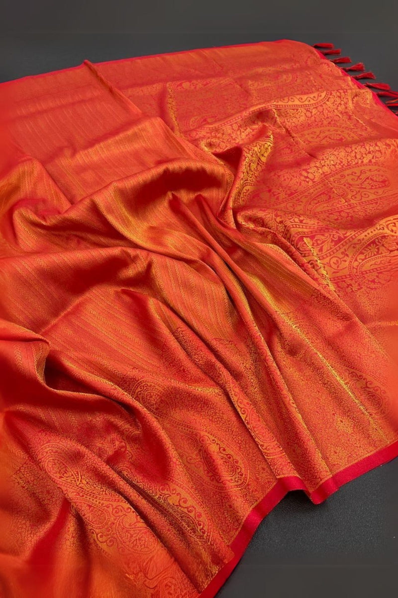 Ravishing Orange Kanjivaram Silk Saree With Unequalled Blouse Piece