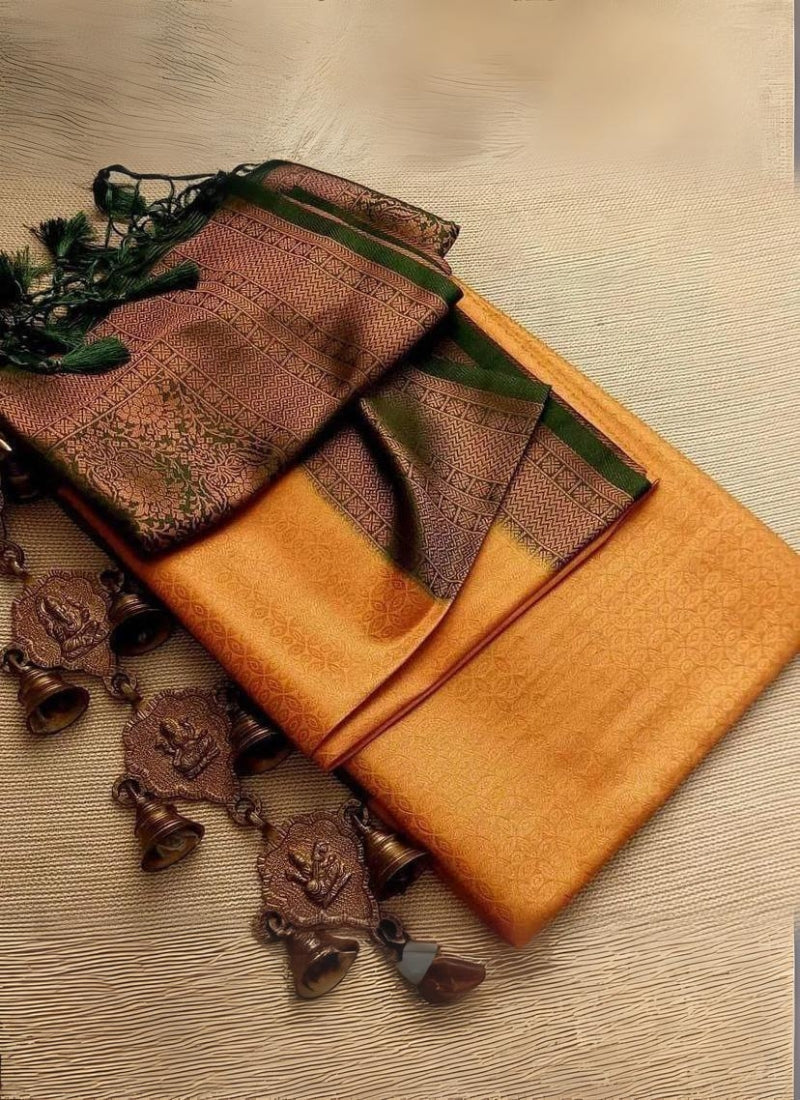 Ethnic Mustard Kanjivaram Silk Saree With Improbable Blouse Piece