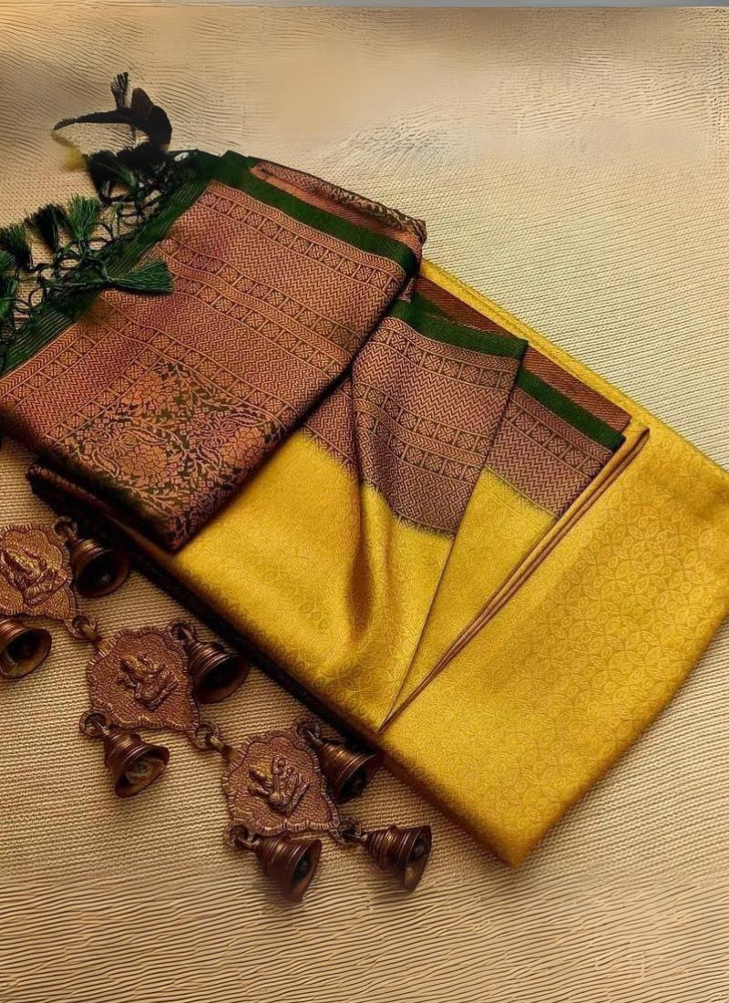 Desiring Yellow Kanjivaram Silk Saree With Easy on the eyes Blouse Piece