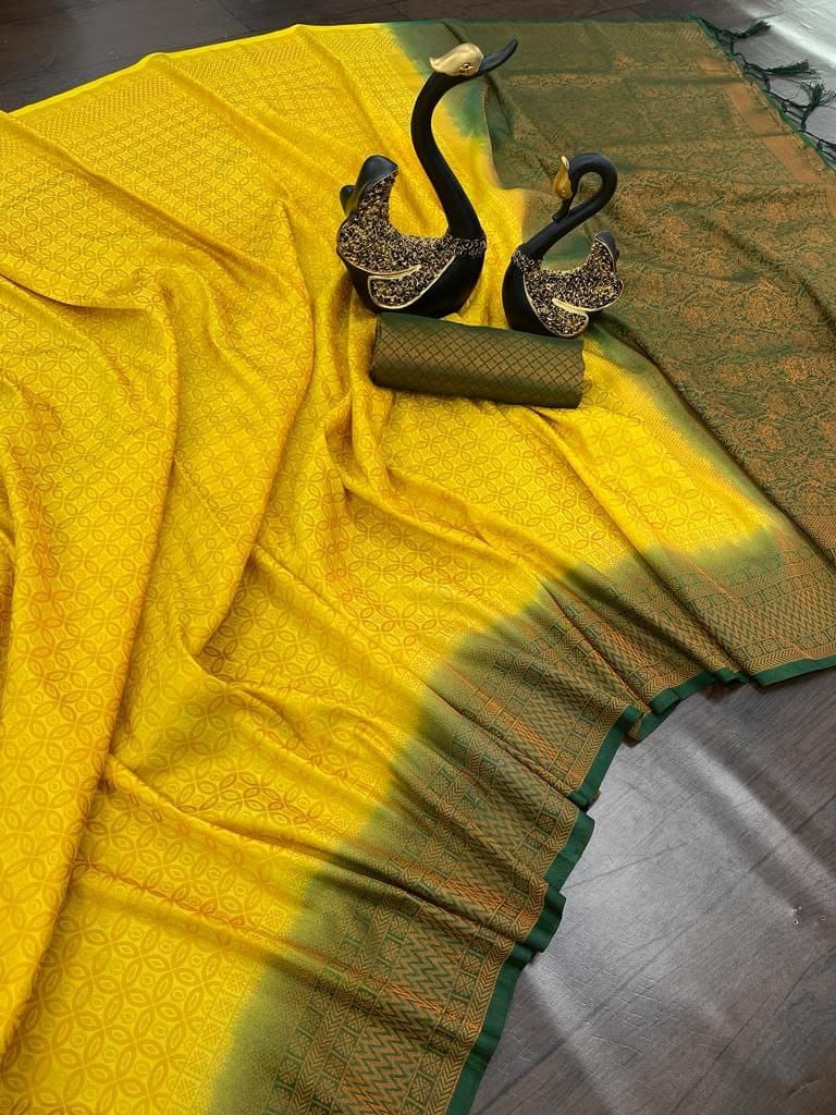 Desiring Yellow Kanjivaram Silk Saree With Easy on the eyes Blouse Piece