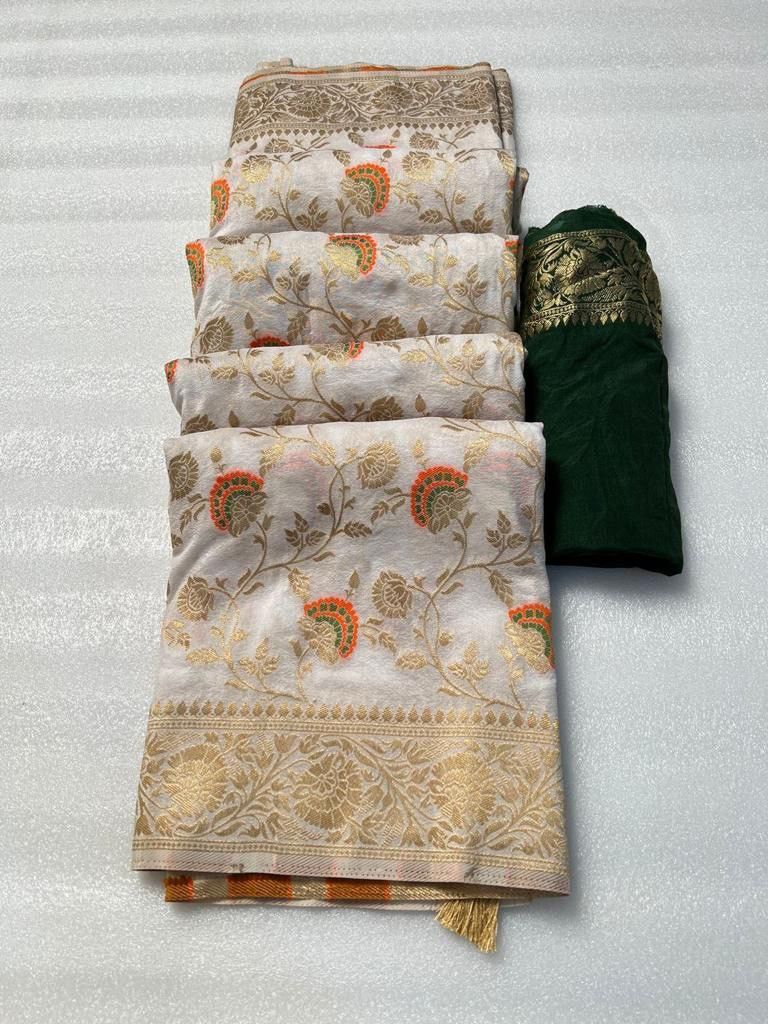 Phenomenal Off White Soft Banarasi Silk Saree With Scrumptious Blouse Piece