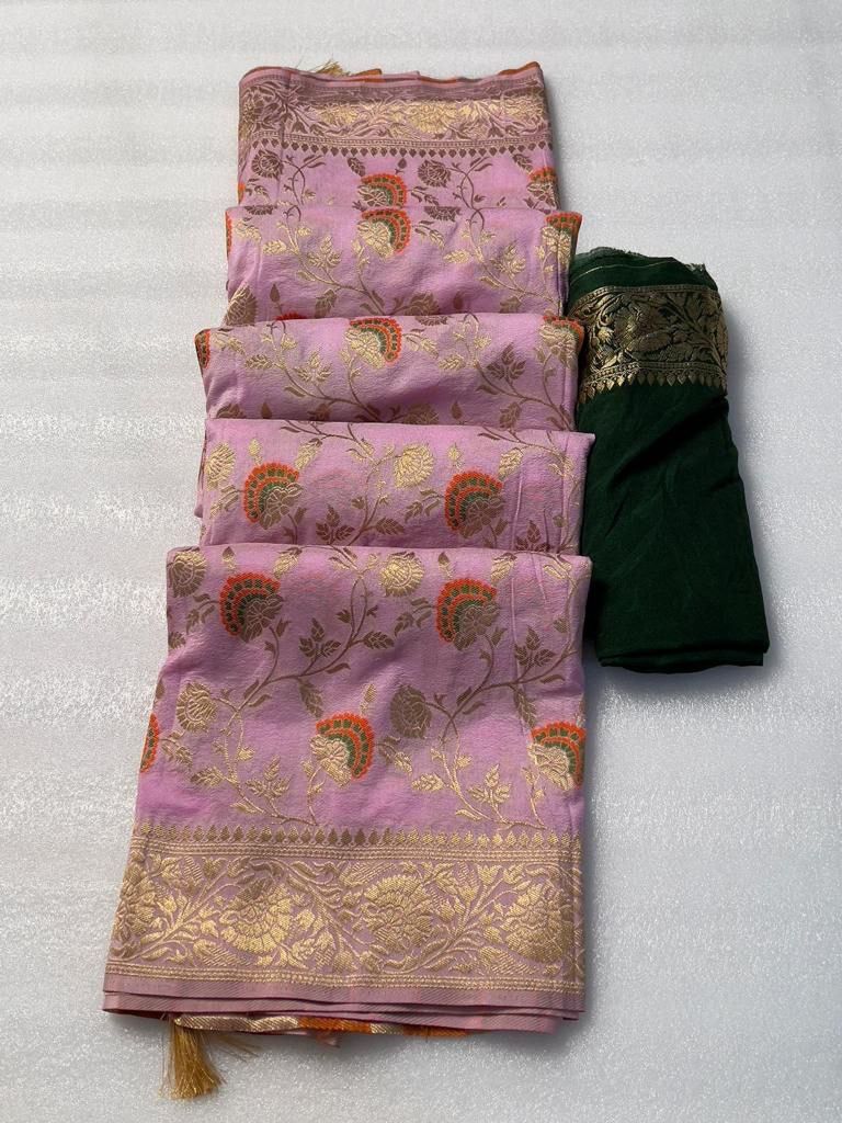 Enthralling Pink Soft Banarasi Silk Saree With Adoring Blouse Piece