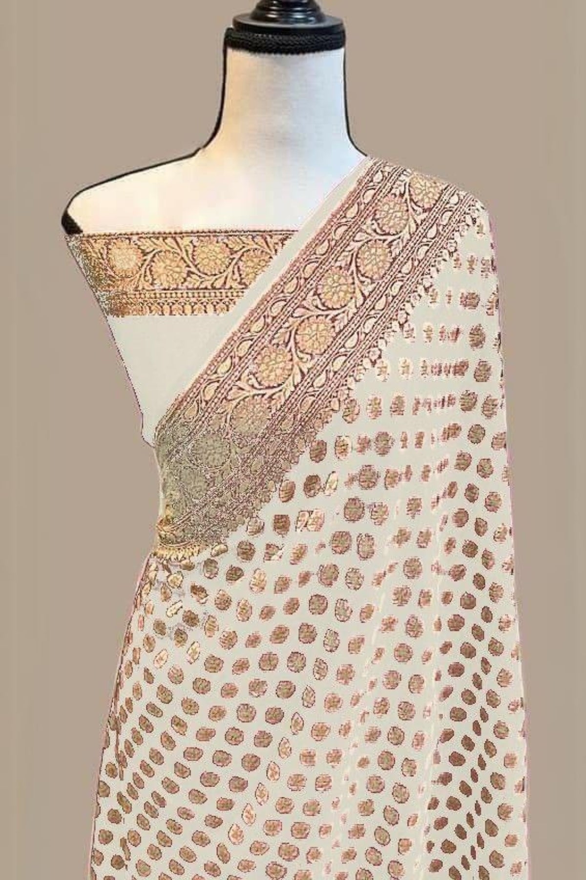 Exquisite Beige Soft Banarasi Silk Saree With A glam Blouse Piece