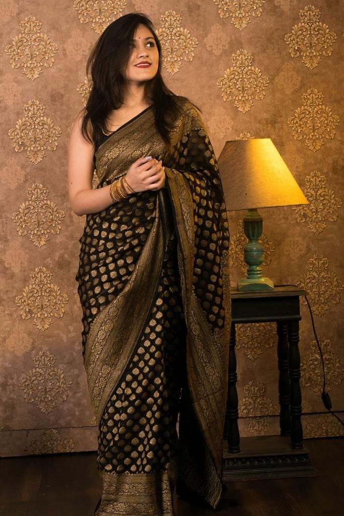 Enigmatic Black Soft Banarasi Silk Saree With Classic Blouse Piece